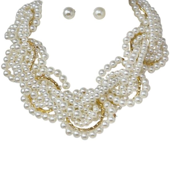 BRAIDED MULTI-STRAND HIGH-SHINE PEARL WEAVE STATEMENT DESIGN CHUNKY STATEMENT NECKLACE EARRING SET