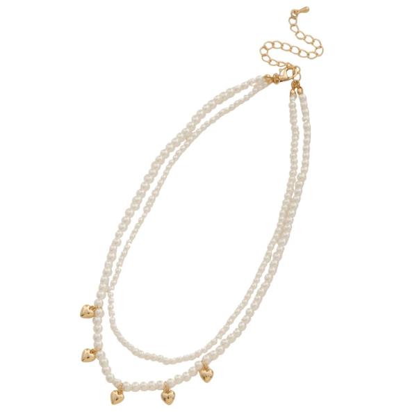 DAINTY HEART CHARM PEARL BEAD LAYERED NECKLACE