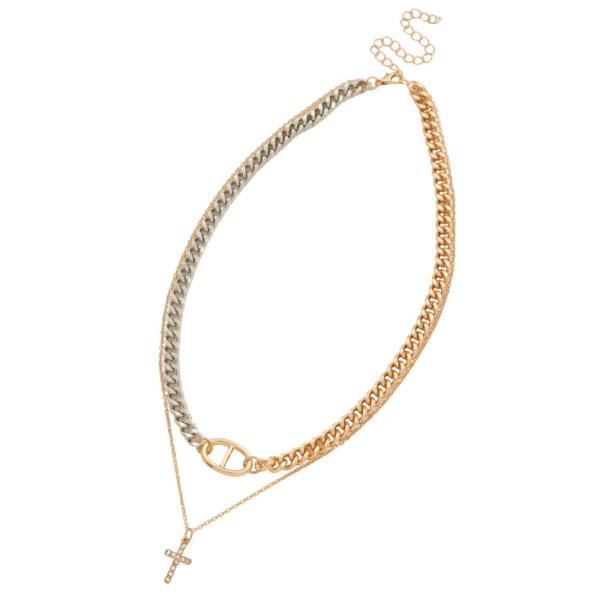 DAINTY CROSS CHAIN TWO TONE LAYERED NECKLACE