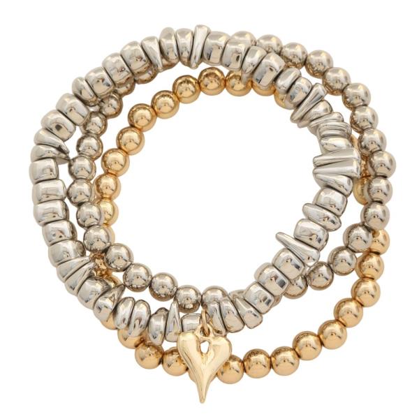 TWO TONE HEART CHARM BEADED BRACELET SET