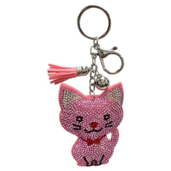 RHINESTONE PINK CAT BAG CHARM KEYCHAIN WITH TASSEL