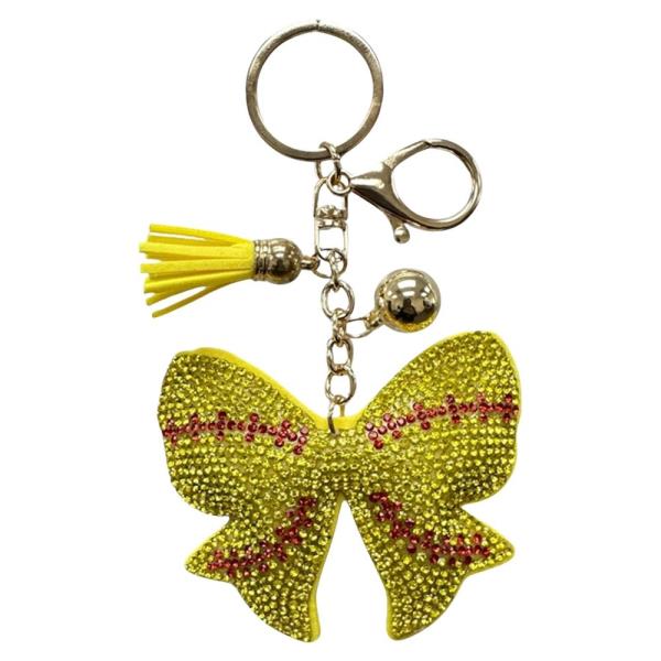 RHINESTONE BASEBALL YELLOW BOW BAG CHARM KEYCHAIN WITH TASSEL