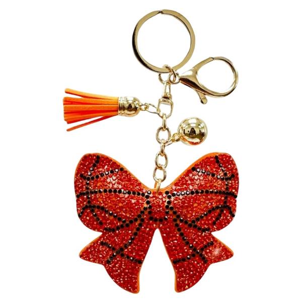 RHINESTONE BASKETBALL RED BOW BAG CHARM KEYCHAIN WITH TASSEL
