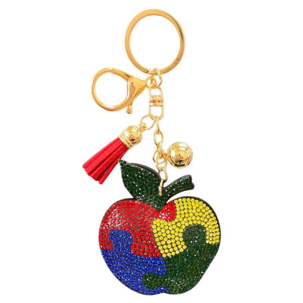 RHINESTONE PUZZLE APPLE BAG CHARM KEYCHAIN WITH TASSEL