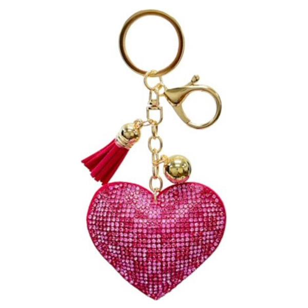 RHINESTONE CHECKER HEART BAG CHARM KEYCHAIN WITH TASSEL