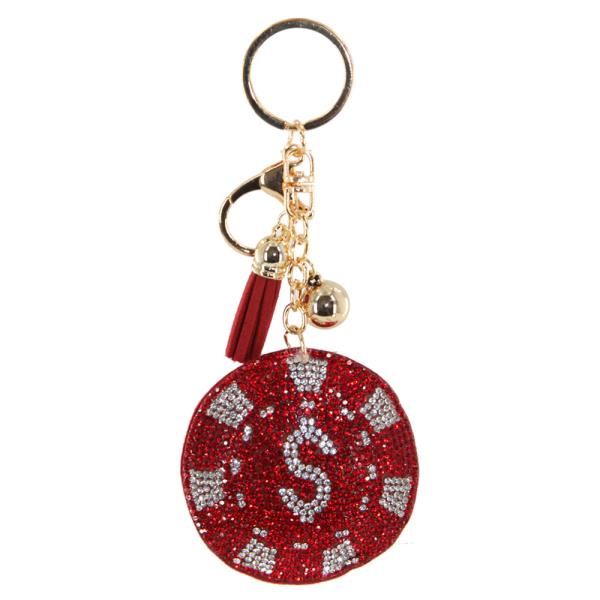 RHINESTONE ROUND INITIAL S BAG CHARM KEYCHAIN WITH TASSEL