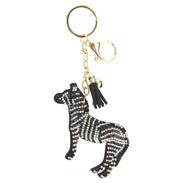 RHINESTONE ZEBRA BAG CHARM KEYCHAIN WITH TASSEL
