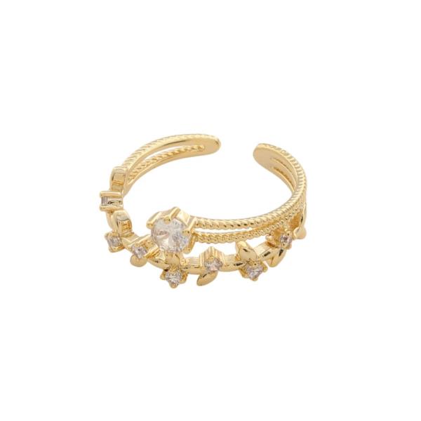 SODAJO LEAF FLOWER LINK CZ GOLD DIPPED ADJUSTABLE RING