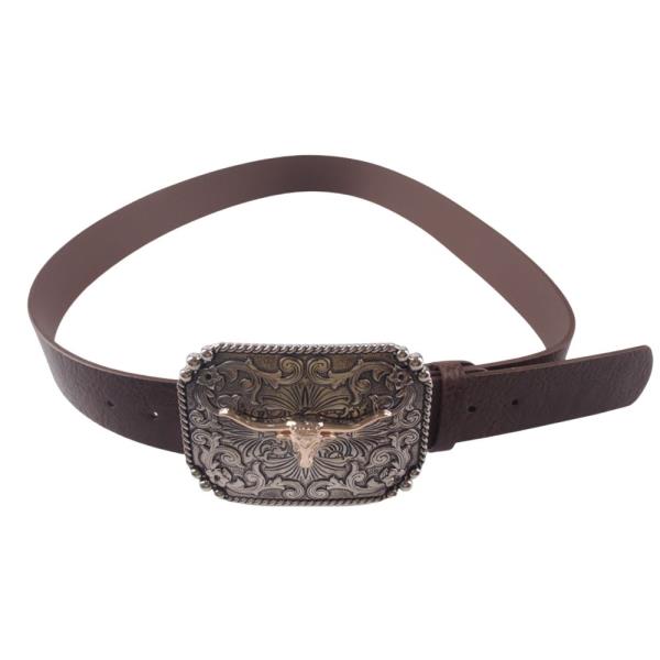 EMBOSSED METAL WESTERN BUCKLE FAUX LEATHER BELT