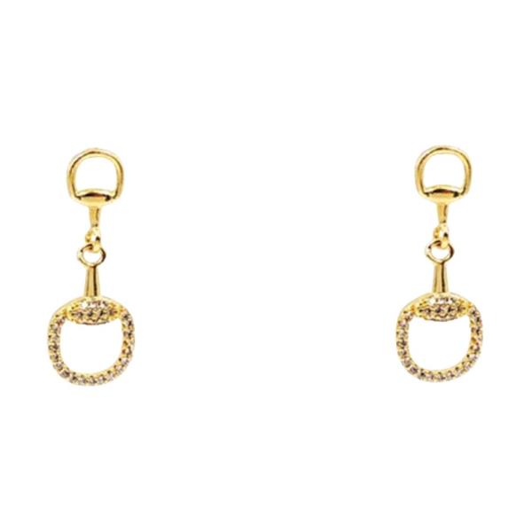 BRASS CUBIC ZIRCONIA PAVE HORSEBIT DROP EARRING