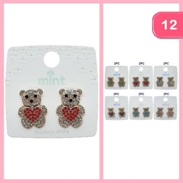 RHINESTONE TEDDY BEAR HEART POST EARRING (12 UNITS)