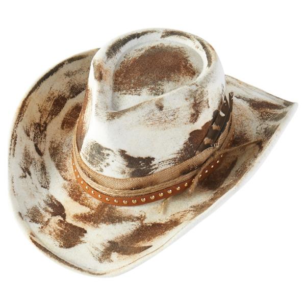 VINTAGE VERSATILE SHAPEABLE COWGIRL & FEDORA HAT WITH FEATHER & DISTRESSED FABRIC BAND
