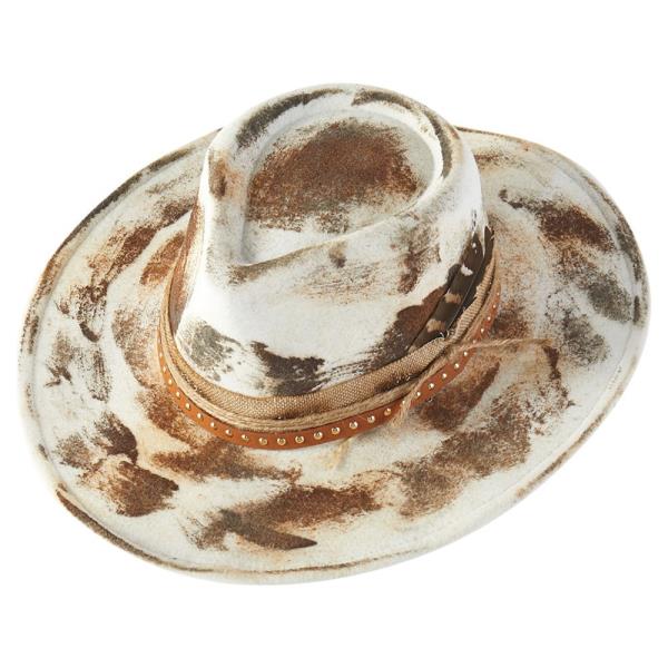 VINTAGE VERSATILE SHAPEABLE COWGIRL & FEDORA HAT WITH FEATHER & DISTRESSED FABRIC BAND