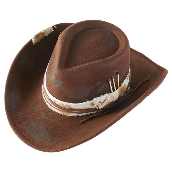 VINTAGE VERSATILE SHAPEABLE COWGIRL & FEDORA HAT WITH FEATHER & DISTRESSED FABRIC BAND