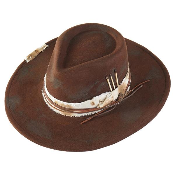 VINTAGE VERSATILE SHAPEABLE COWGIRL & FEDORA HAT WITH FEATHER & DISTRESSED FABRIC BAND