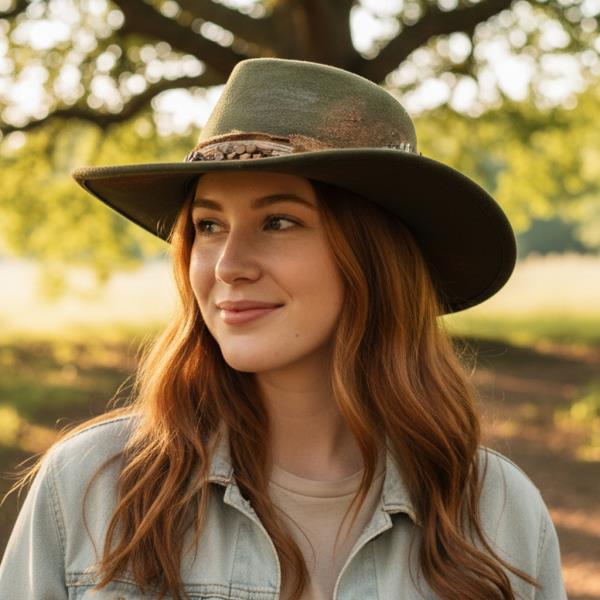VINTAGE VERSATILE SHAPEABLE COWGIRL & FEDORA HAT WITH FEATHER & DISTRESSED FABRIC BAND