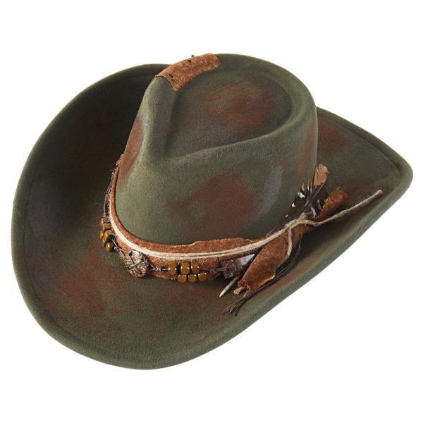 VINTAGE VERSATILE SHAPEABLE COWGIRL & FEDORA HAT WITH FEATHER & DISTRESSED FABRIC BAND