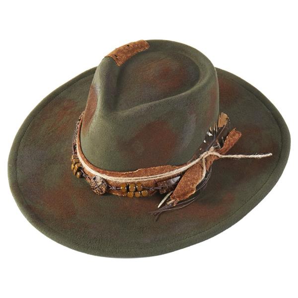 VINTAGE VERSATILE SHAPEABLE COWGIRL & FEDORA HAT WITH FEATHER & DISTRESSED FABRIC BAND