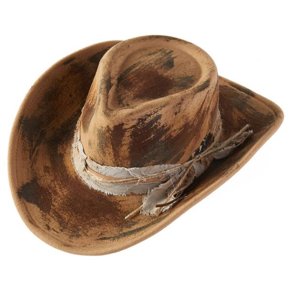 VINTAGE VERSATILE SHAPEABLE COWGIRL & FEDORA HAT WITH FEATHER & DISTRESSED FABRIC BAND