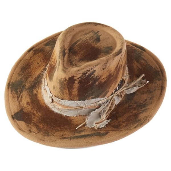 VINTAGE VERSATILE SHAPEABLE COWGIRL & FEDORA HAT WITH FEATHER & DISTRESSED FABRIC BAND