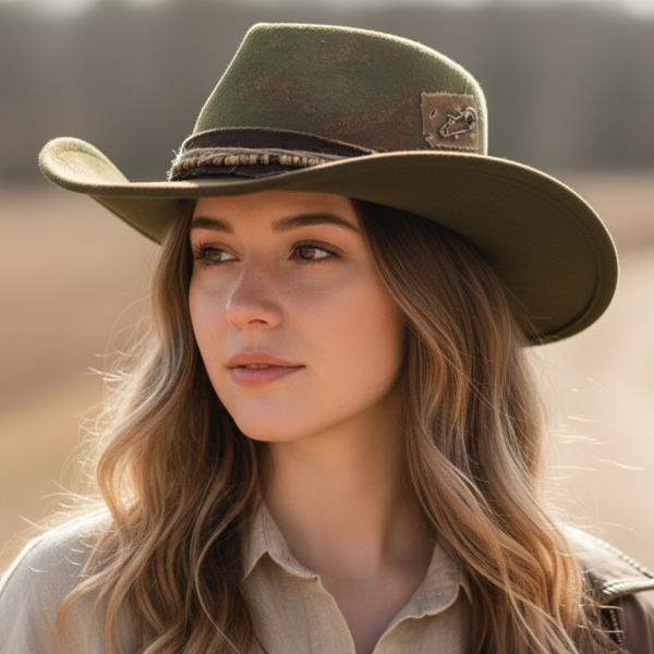 (WEB ONVINTAGE VERSATILE SHAPEABLE COWGIRL & FEDORA HAT WITH FEATHER & DISTRESSED FABRIC BANDLY)