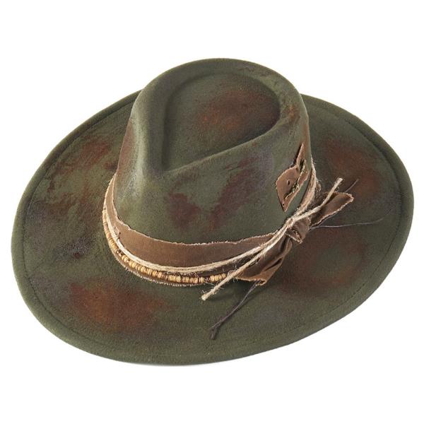 (WEB ONVINTAGE VERSATILE SHAPEABLE COWGIRL & FEDORA HAT WITH FEATHER & DISTRESSED FABRIC BANDLY)