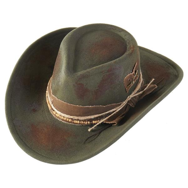 (WEB ONVINTAGE VERSATILE SHAPEABLE COWGIRL & FEDORA HAT WITH FEATHER & DISTRESSED FABRIC BANDLY)