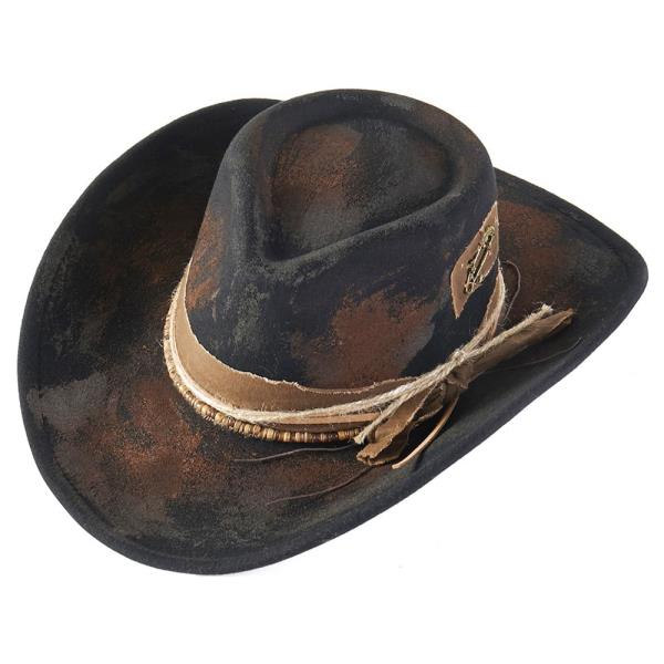 VINTAGE VERSATILE SHAPEABLE COWGIRL & FEDORA HAT WITH FEATHER & DISTRESSED FABRIC BAND