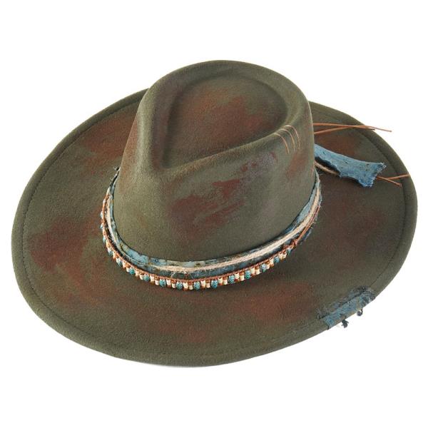 VINTAGE VERSATILE SHAPEABLE COWGIRL & FEDORA HAT WITH FEATHER & DISTRESSED FABRIC BAND
