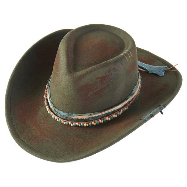 VINTAGE VERSATILE SHAPEABLE COWGIRL & FEDORA HAT WITH FEATHER & DISTRESSED FABRIC BAND