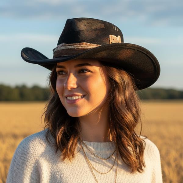 VINTAGE VERSATILE SHAPEABLE COWGIRL & FEDORA HAT WITH FEATHER & DISTRESSED FABRIC BAND