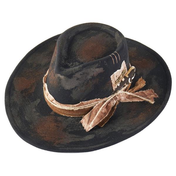 VINTAGE VERSATILE SHAPEABLE COWGIRL & FEDORA HAT WITH FEATHER & DISTRESSED FABRIC BAND