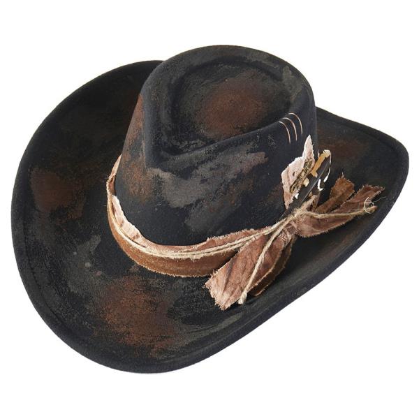 VINTAGE VERSATILE SHAPEABLE COWGIRL & FEDORA HAT WITH FEATHER & DISTRESSED FABRIC BAND