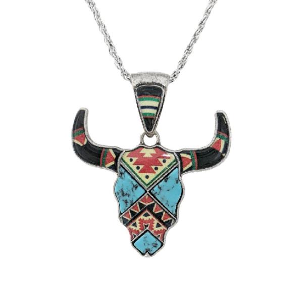 WESTERN AZTEC PATTERN STONE CATTLE PENDANT NECKLACE