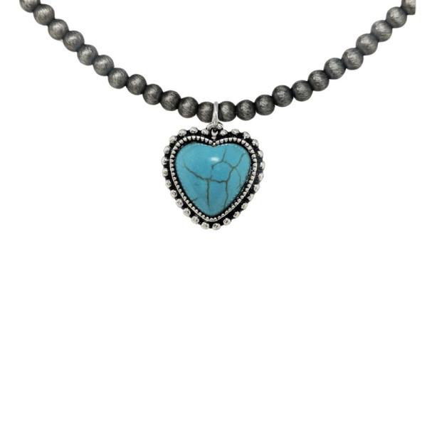 WESTERN HEART CHARM TURQUOISE BEADED NECKLACE