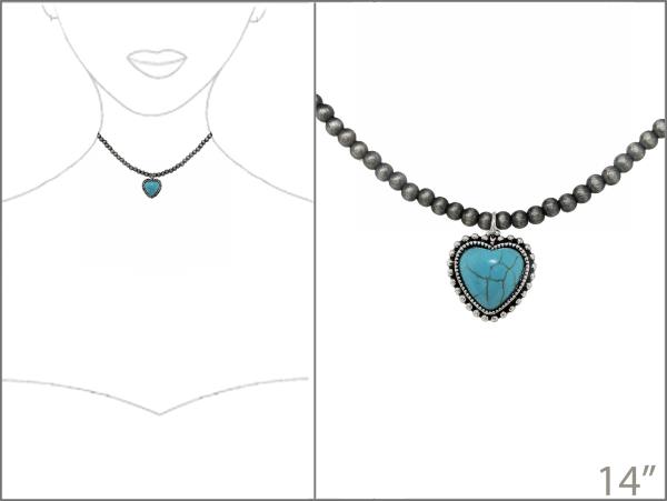WESTERN HEART CHARM TURQUOISE BEADED NECKLACE