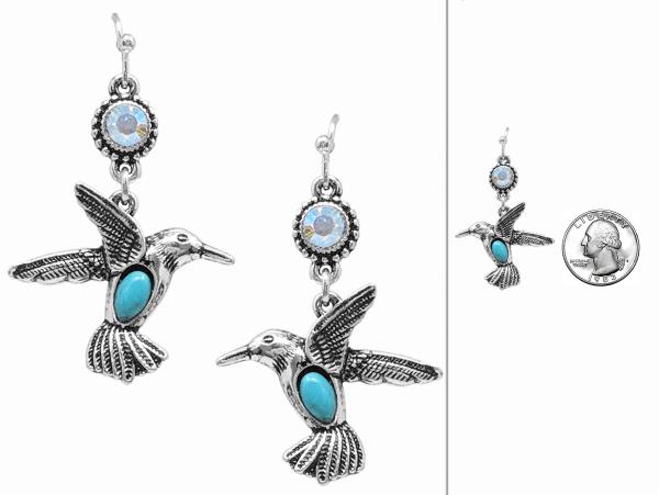 WESTERN TURQUOISE BEAD HUMMINGBIRD DANGLE EARRING