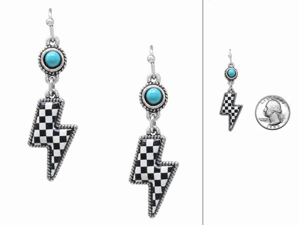 WESTERN CHECKERED PATTERN LIGHTING BOLT TURQUOISE BEAD DANGLE EARRING