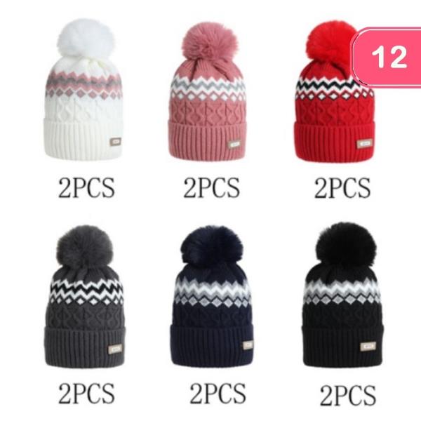 CHEVRON PATTERN POM POM BEANIE (12 UNITS)