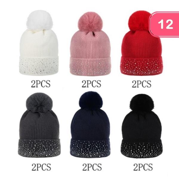 RHINESTONE STUDDED POM POM BEANIE (12 UNITS)