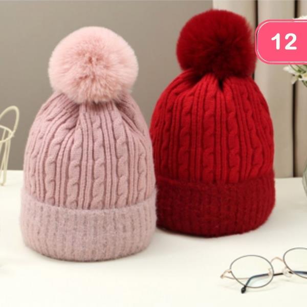 POM POM COZY CABLE KNIT BEANIE (12 UNITS)