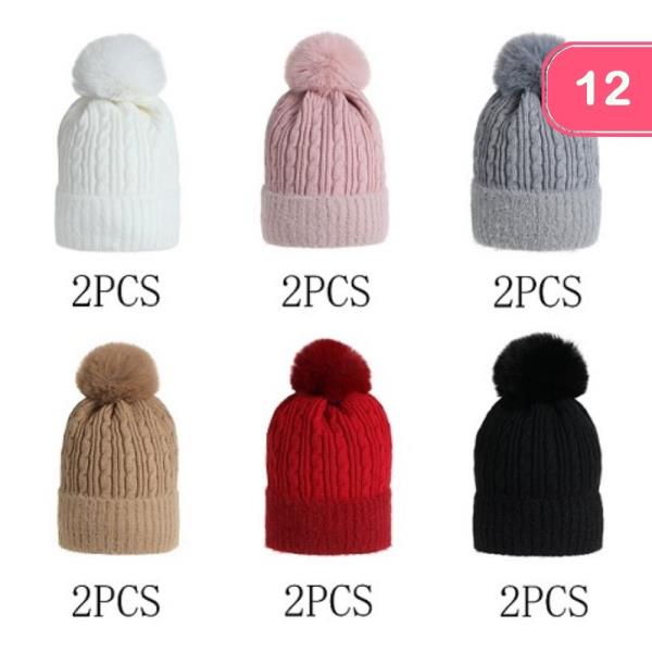 POM POM COZY CABLE KNIT BEANIE (12 UNITS)
