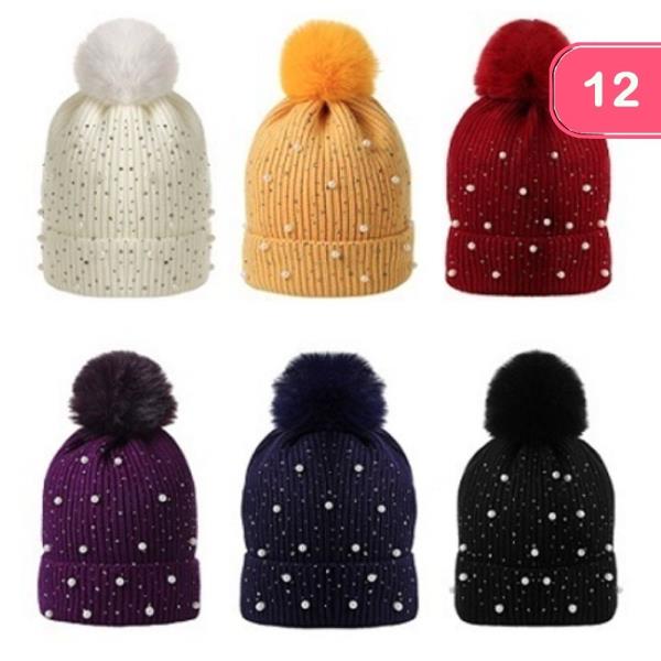 PEARL & RHINESTONE EMBELLISHED POMPOM BEANIE (12 UNITS)
