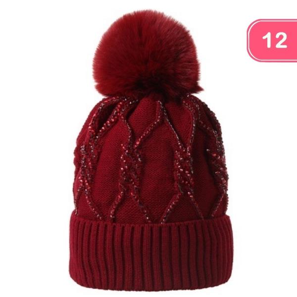 CABLE KNIT RHINESTONE POM POM BEANIE (12 UNITS)