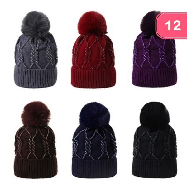 CABLE KNIT RHINESTONE POM POM BEANIE (12 UNITS)