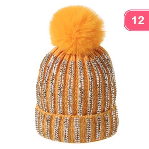 RHINESTONE STRIPE POM POM KNIT BEANIE (12 UNITS)
