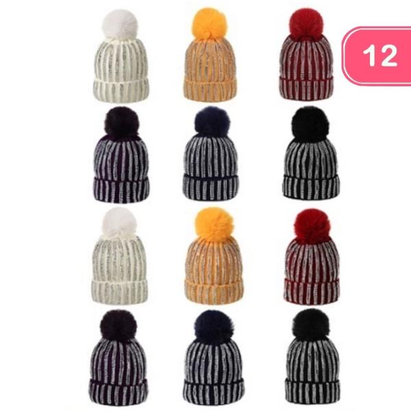 RHINESTONE STRIPE POM POM KNIT BEANIE (12 UNITS)