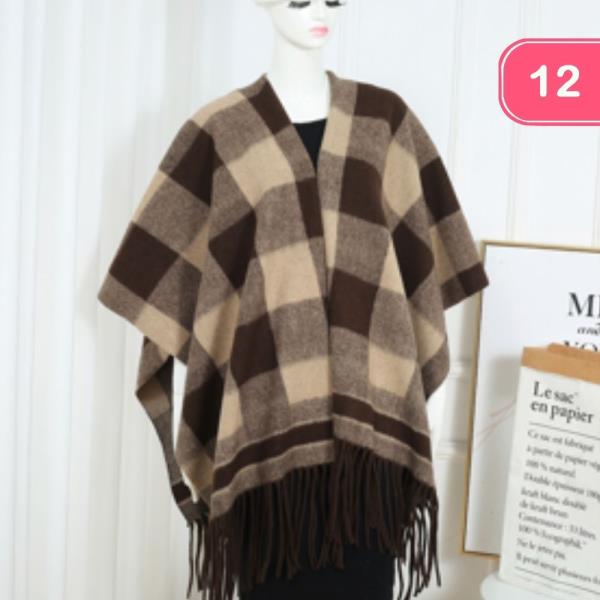 PLAID PATTERN FRINGE PONCHO SHAWL (12 UNITS)