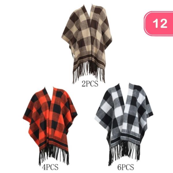 PLAID PATTERN FRINGE PONCHO SHAWL (12 UNITS)
