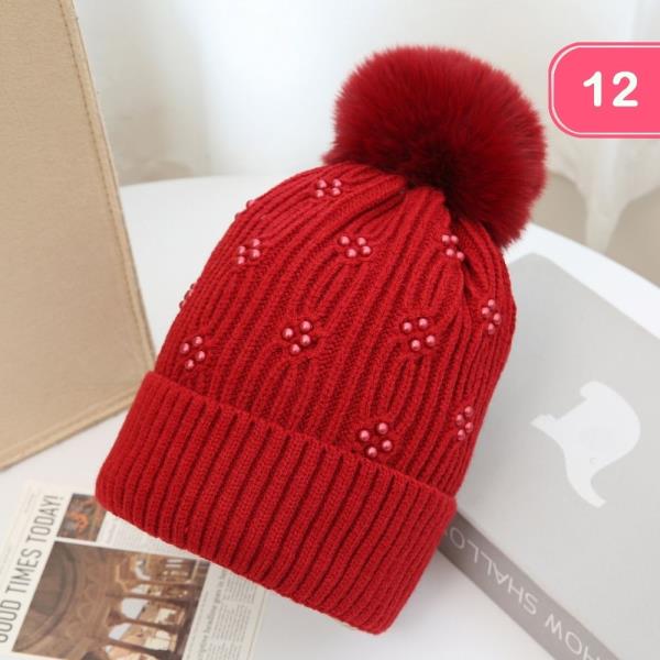 PEARL STUDDED POM POM KNIT BEANIE (12 UNITS)